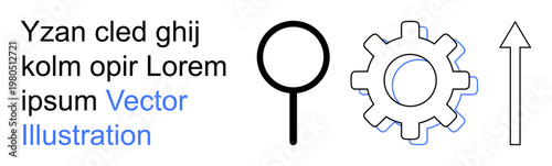 Business process, search optimization, technology trends, progress strategies, data analysis, innovation. Magnifying glass, gear and arrow graphic. Search optimization and business process
