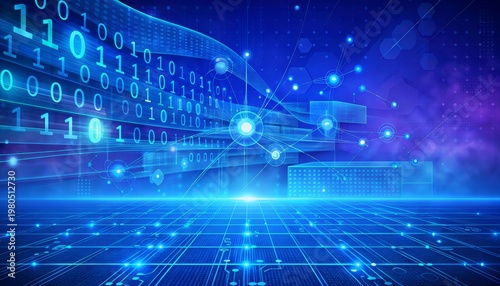 Futuristic Digital Data Network With Blue Circuit Grid, Binary Code and Abstract Cyber Technology