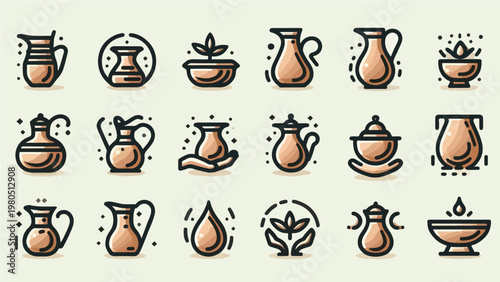 Collection of Clay Pottery and Ceramic Jug Icon Set with Water Drop and Leaf Symbols, Traditional Earthenware Vessel Line Art Illustration