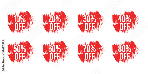 A collection of red discount labels displaying percentage offers ranging from 10 to 80 off silhouette