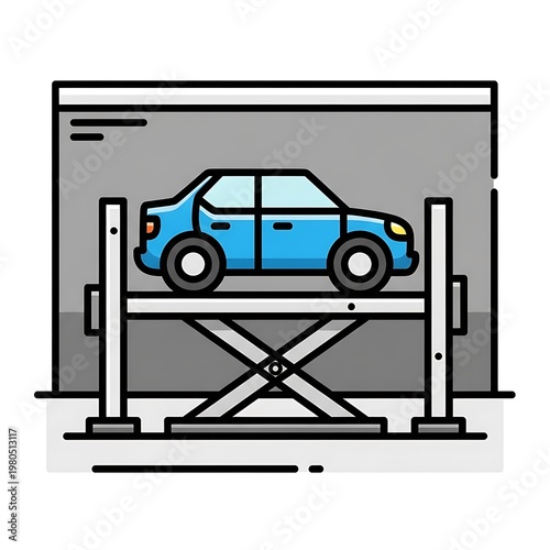 Blue car on lift platform.