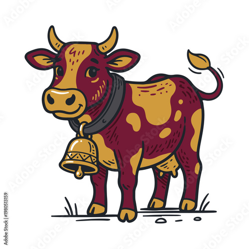 An illustration of a domestic animal cow with a bell around its neck