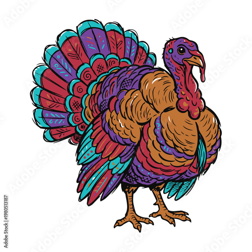 Vibrant illustration of a domestic animal turkey standing alone