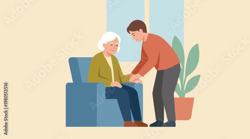 Caring man helps elderly woman sit down gently.