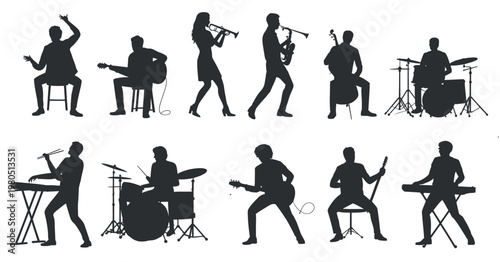 musician silhouettes playing musical instruments ensemble black