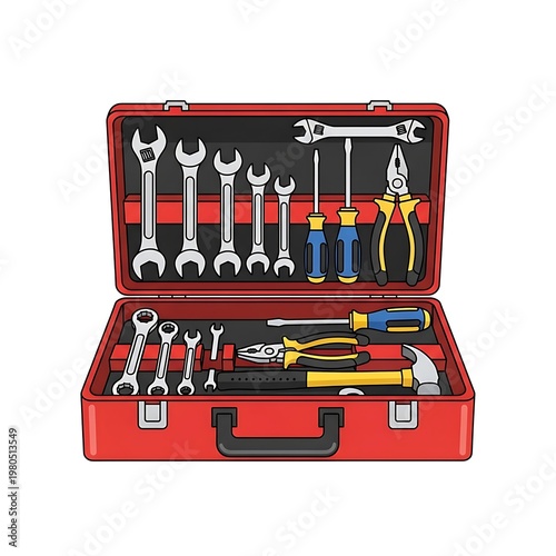 Red toolbox with various tools.