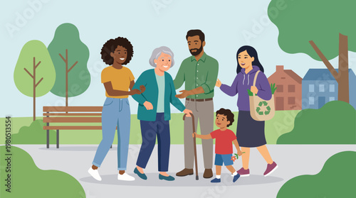 Diverse multigenerational family enjoying a walk together outdoors.