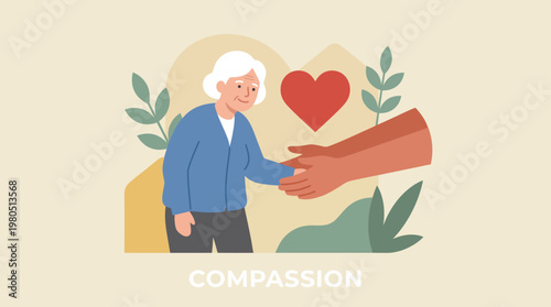 Elderly woman receiving helping hand with compassion and care.