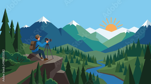 A man climbs a mountain cliff and carries a camera to photograph the beautiful scenery.