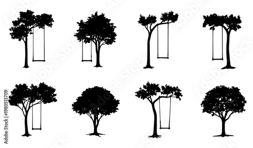 Seasonal tree swing silhouette vector set forest nature decorative seasonal illustration
