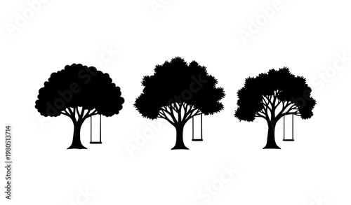 Nostalgic tree swing silhouette vector set decorative forest children play illustration