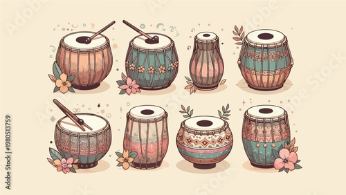 Set of Eight Vintage Indian Tabla and Mridangam Traditional Percussion Drums with Drumsticks and Pink Floral Decorations, Classical Music Instrument Collection Illustration