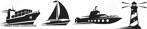 Nautical icons, marine symbols, boat silhouettes, sailing vector graphics