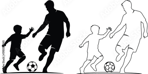 Children playing soccer with adult high five silhouettes isolated graphic