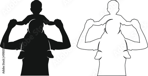 Person Carrying Child Using Piggyback Position Silhouette Style Art