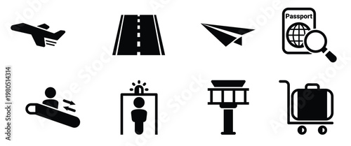 set of simple icons on a theme airport runway plane 
