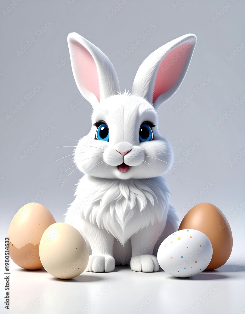 Obraz premium A white rabbit with blue eyes and pink ears sitting with four eggs