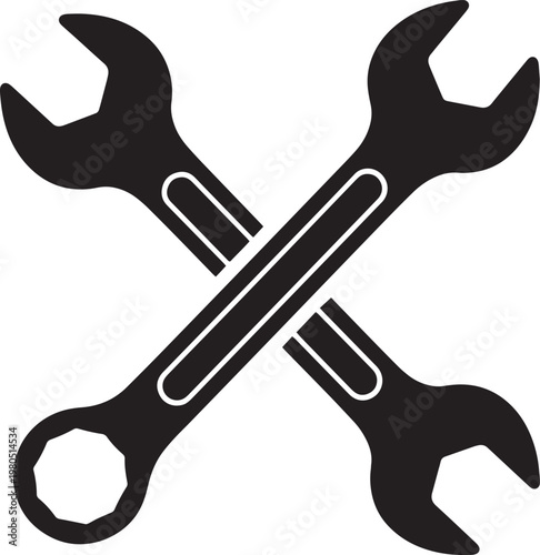 Black wrenches, crossed tools, repair icons, vector graphics, mechanical symbols