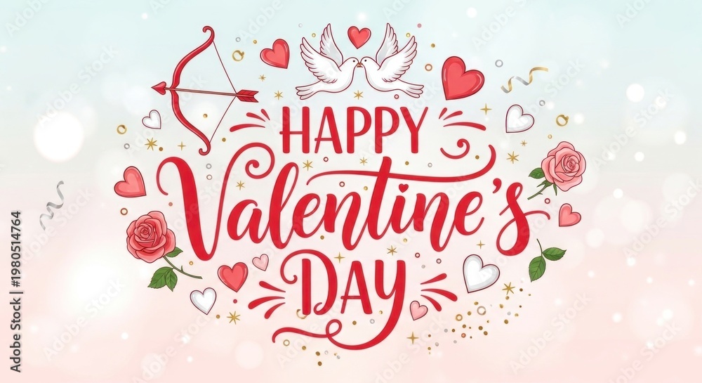 Fototapeta premium A festive Valentine's Day graphic featuring a heart-shaped arrangement of roses, hearts, and decorative elements on a pastel background