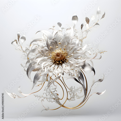 Elegant metallic flower sculpture featuring intricate silver petals and gleaming gold accents crafted with artistic precision to provide a luxurious decorative element for modern interior design aesth