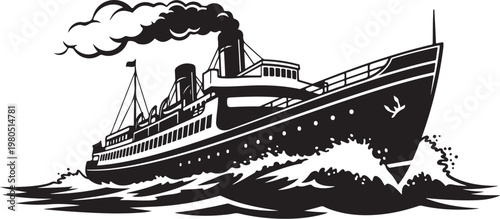 Vintage ocean liner, steamship illustration, black and white vector, nautical graphic