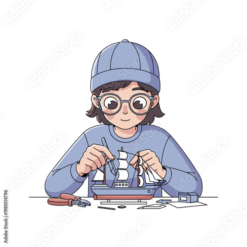 Teenager building model ship with tools while focused at table