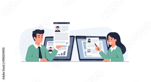 Two business professionals discuss global travel and sustainable aviation in front of a world map with an airplane.