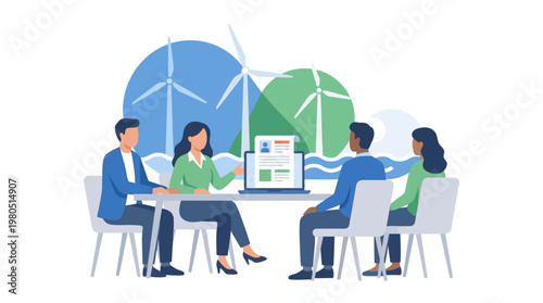 Two business professionals discuss global travel and sustainable aviation in front of a world map with an airplane.