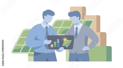 Two business professionals discuss global travel and sustainable aviation in front of a world map with an airplane.