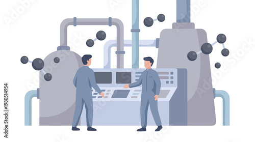 Two business professionals discuss global travel and sustainable aviation in front of a world map with an airplane.
