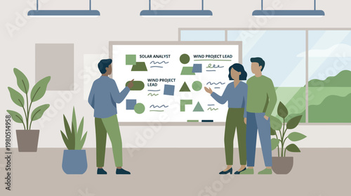 Two business professionals discuss global travel and sustainable aviation in front of a world map with an airplane.