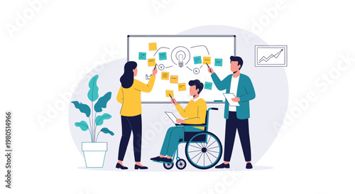 Two business professionals discuss global travel and sustainable aviation in front of a world map with an airplane.