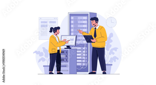 Two business professionals discuss global travel and sustainable aviation in front of a world map with an airplane.