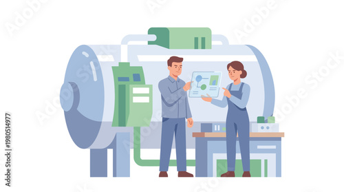 Two business professionals discuss global travel and sustainable aviation in front of a world map with an airplane.