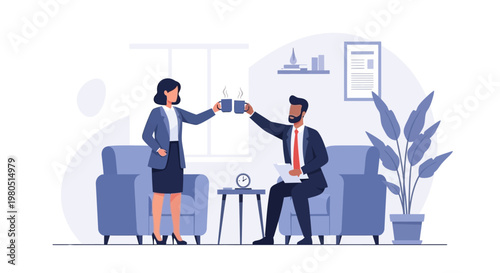 Two business professionals discuss global travel and sustainable aviation in front of a world map with an airplane.