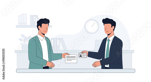 Two businessmen exchanging identification cards and documents at a desk in an office setting.