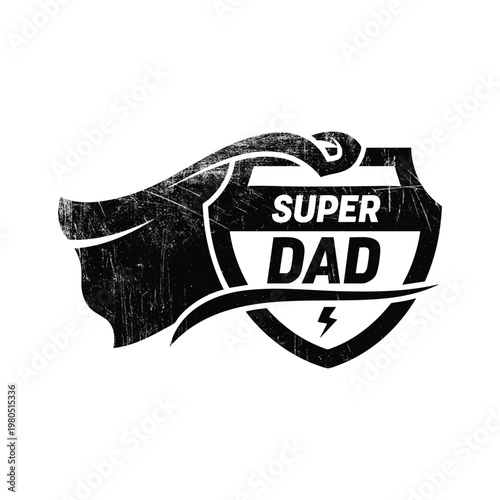 A black badge proclaims super dad with a cape detail creating a heroic image silhouette