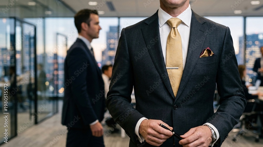 Fototapeta premium Professional businessman in tailored dark charcoal suit and luxurious gold silk tie stands in modern glass office near blurred executive.