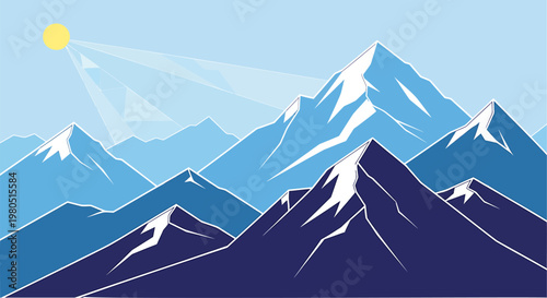 Mountain landscape illustration with snowy peaks, bright sun rays, blue sky, minimalist vector art, winter range background, scenic outdoor horizon, nature travel concept, geometric summit