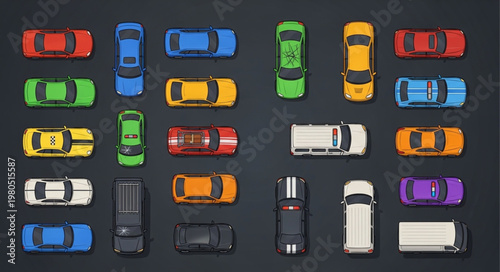 Collection of diverse toy cars and vehicles from a top down perspective.