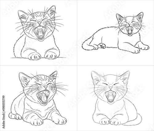 cute kitten yawning set with sleepy baby cat sketches in various poses for coloring pages and pet lovers black and white lineart clipart design vector illustration artwork
