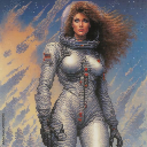 A woman in a spacesuit stands in front of a backdrop of space debris, with a pixel art style.
