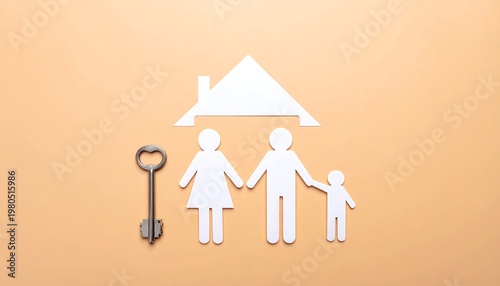 Flat lay featuring paper cutouts of a family, house, and key on a solid peachy background, symbolizing home ownership