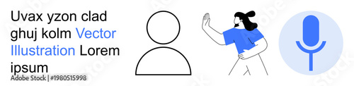Communication, audio recording, interaction, user profile, technology, social media. A person icon, a woman gesturing and a microphone visual. Communication and audio recording concept