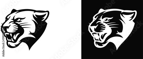 Black and white panther head snarling with sharp teeth