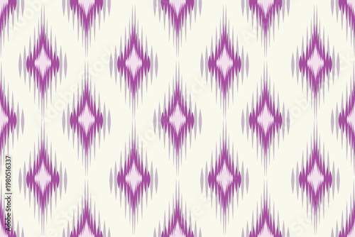 A sophisticated seamless Ikat vector pattern featuring intricate diamond shapes in a beautiful palette of orchid purple and soft lavender on an off-white background.
