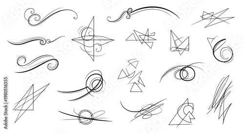 Triangles hand drawn set with black curved lines and swirls, abstract shapes and scribbles featuring vector, illustration, graphic resources with