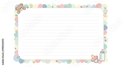 A baby-themed stationery with a teddy bear, pacifier, and bottle on a colorful border