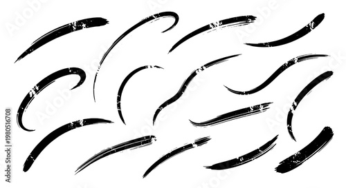 Brush strokes hand drawn with black grunge lines and abstract textures on white background featuring artistic, drawing, painting with illustration