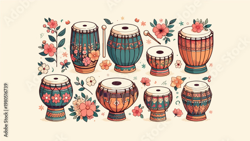 Collection of Colorful Decorative Indian Tabla and Dhol Traditional Percussion Drums with Floral Ornaments, Cultural Music Instrument Set Illustration